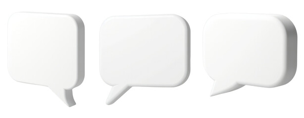 set of three white 3D illustration square shape speech and think bubble cloud balloon transparent background