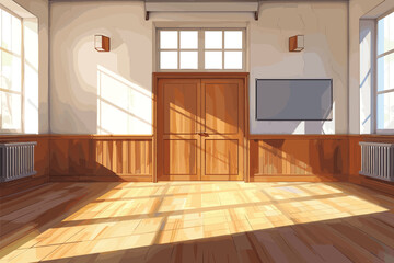 Empty School Hall Interior with Open Door to Classroom, Educational Institution Architecture