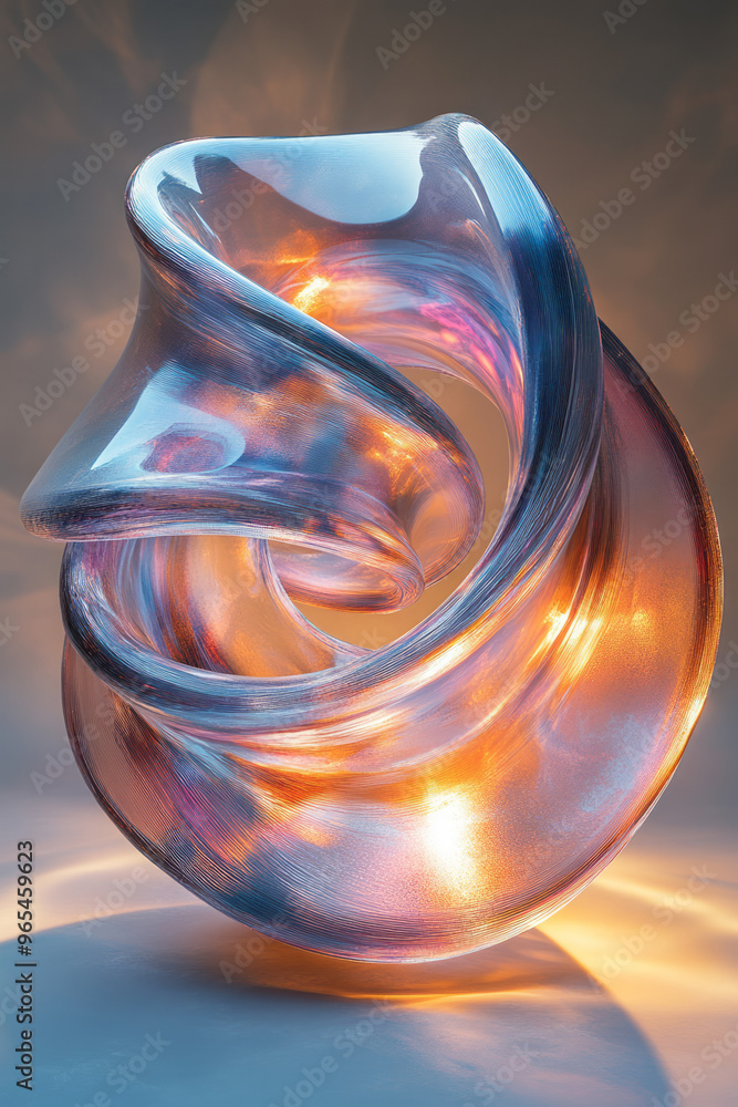 Poster a floating 3d abstract spiral with twisted metallic surfaces, casting soft shadows, and glowing edge