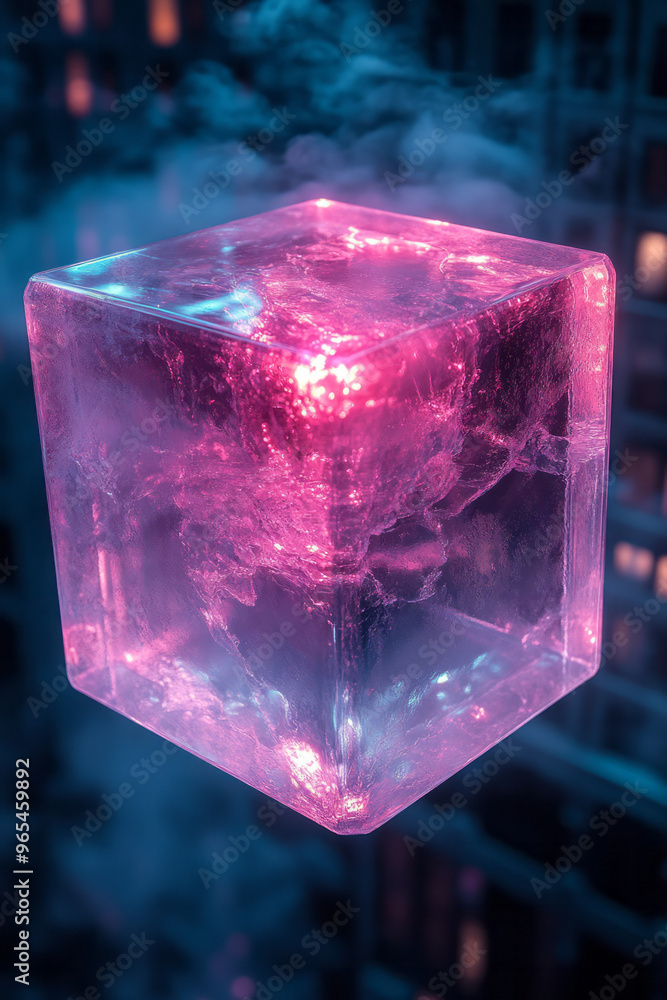 Poster a floating 3d geometric cube with a transparent core and glowing edges in hues of cyan and magenta, 