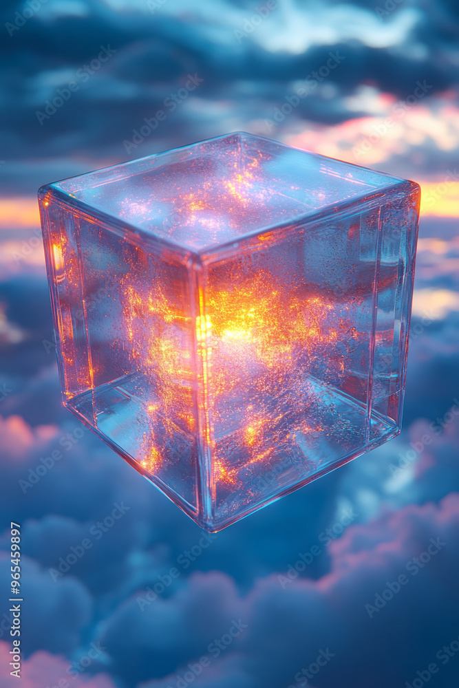 Aufkleber a floating 3d geometric cube with a transparent core and glowing edges in hues of cyan and magenta, 