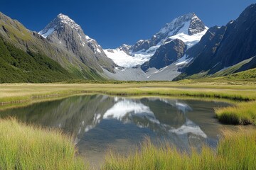 Scenic New Zealand Majestic Mountains Reflected in Tranquil Lake, Stunning Landscape