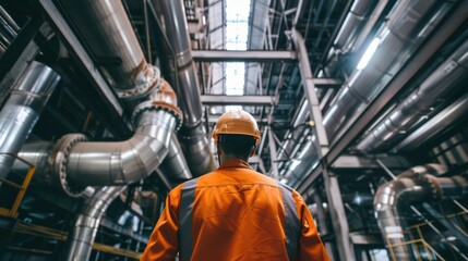 Fototapeta premium close-up of industrial pipes of oil refinery, back of engineer, technician, reading drawing, drawing, industrial engineering, blueprint, industrial background.