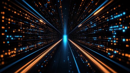 Fototapeta premium A mesmerizing explosion of light beams and digital particles converging towards a bright center, creating a futuristic atmosphere.