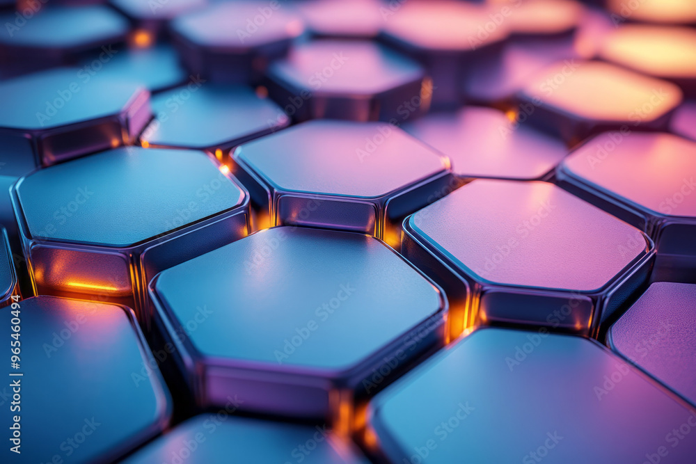 Poster a 3d abstract element composed of interlocking hexagons with metallic and translucent surfaces in sh