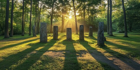 Fototapeta premium Sunlight streams through trees onto ancient stone pillars.