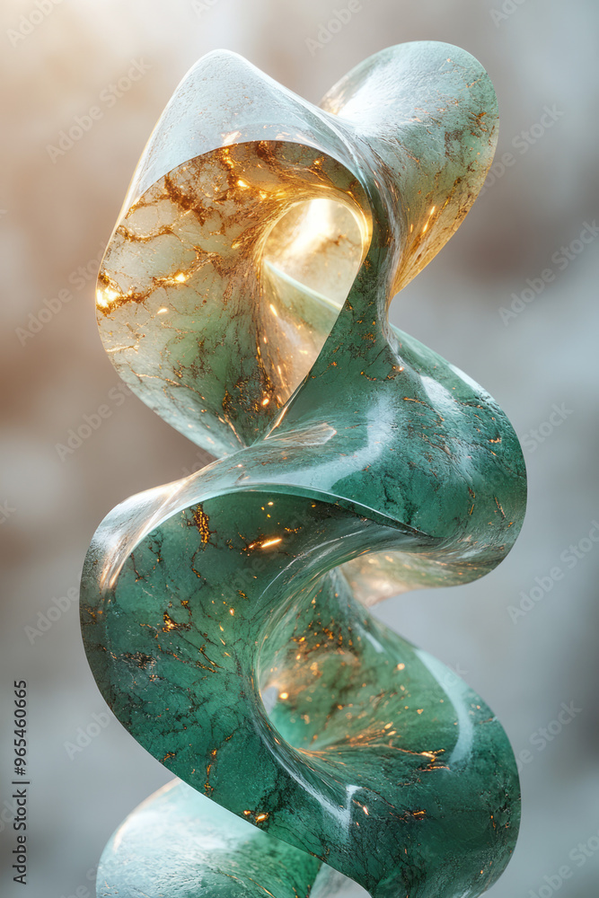 Poster an abstract 3d helix with interwoven layers of glossy and matte textures in shades of green and gold