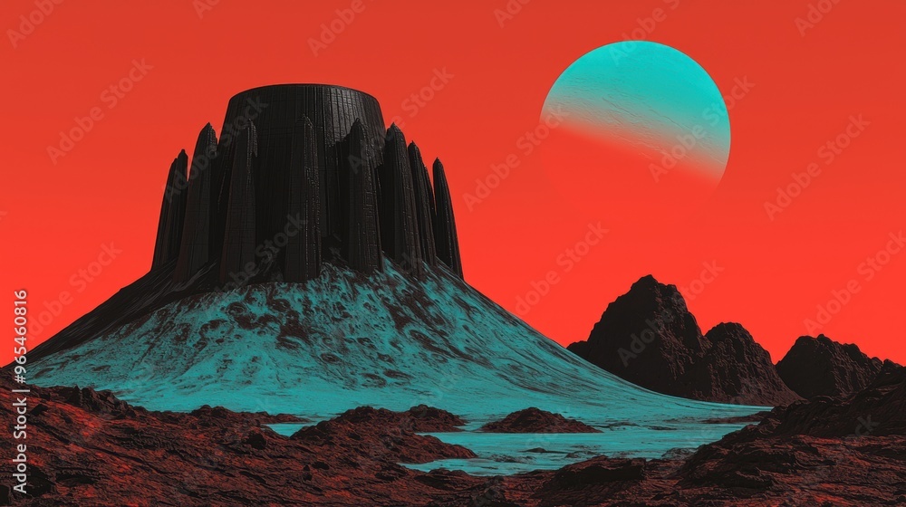 Poster surreal extraterrestrial terrain in vivid with ray tracing technology in