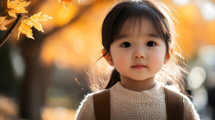 Fototapeta premium Adorable Child Autumn Leaves Warm Emotions Cozy Sweater Portrait Soft Light Nature Background