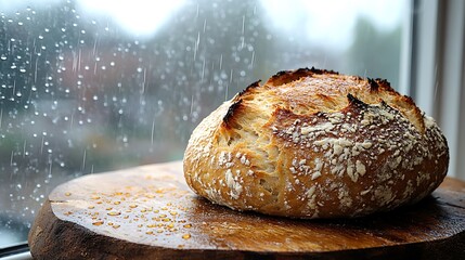 Rustic wooden countertop with a freshly baked loaf of bread cooling, as raindrops trickle down the window in the background.