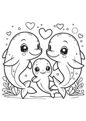 Dolphin family heart sign kid coloring page 