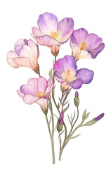 Simple watercolor pastel freesia bouquet on a white background