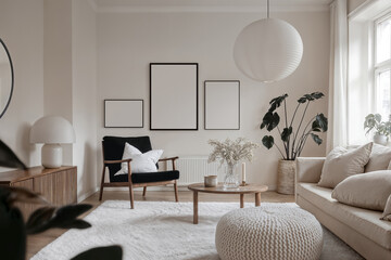 Din A ratio of blanks on white trendy background in scandinavian style. Poster frame mock up, black armchair in elegant living room interior, coffee table, plants. Three empty mockups in black frames