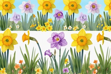 Fototapeta premium Vibrant Watercolor Spring Daffodils and Primroses Border Illustration