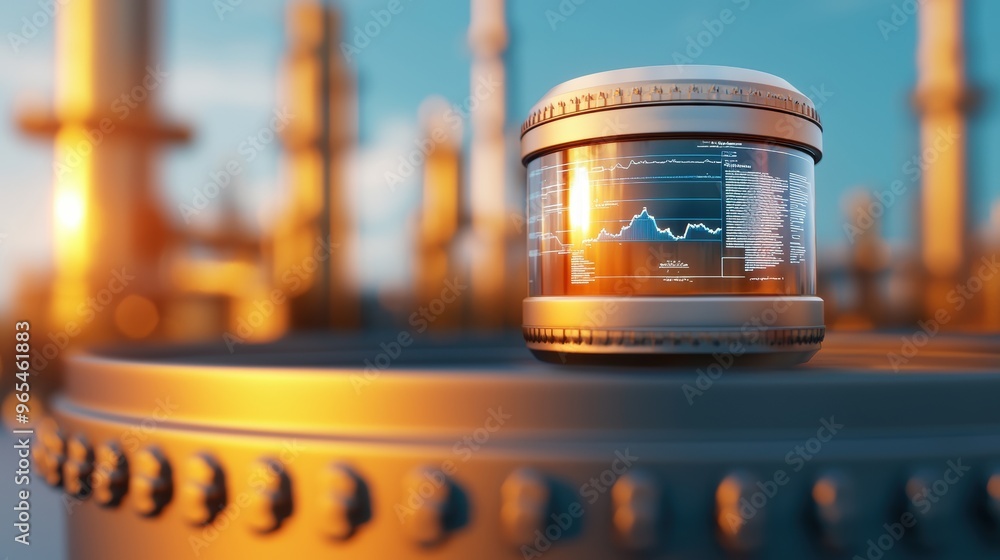 Poster futuristic oil production forecast holographic data visualization in industrial setting - with copy 
