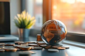 A globe sits on a table with a pile of coins