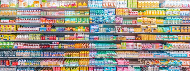 Supermarket refrigerated section with packaged dairy and beverages
