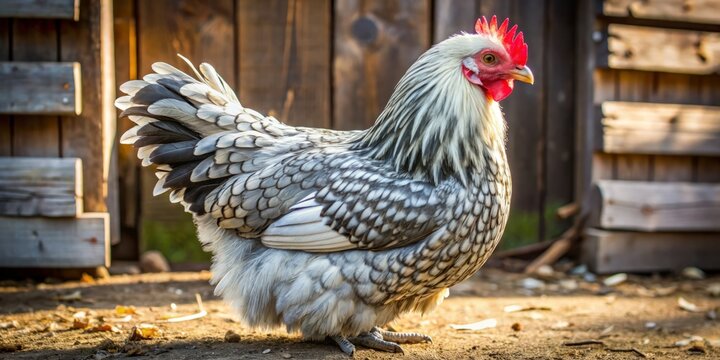 Silky feathers in shimmering silver hue, gentle demeanor, delicate beak, and tiny feet of a Sebright Bantam hen in a rustic farmyard setting.