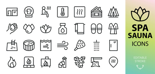 SPA and Sauna isolated icons set. Set of sauna building, steam, wood baptistery, massage, essential oil, hydromassage pool, bath wood burning stove, round hot tub vector icon with editable stroke