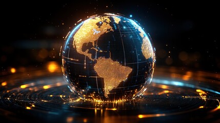 A stunning digital globe illuminated with golden light, showcasing a futuristic 3D representation of Earth with a high-tech feel.