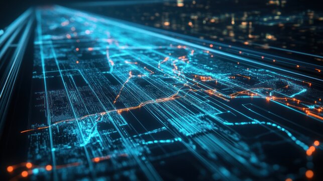 A hyperloop network map displayed on a digital interface, with routes connecting major cities across a continent, demonstrating the potential of hyperloop to revolutionize long-distance travel