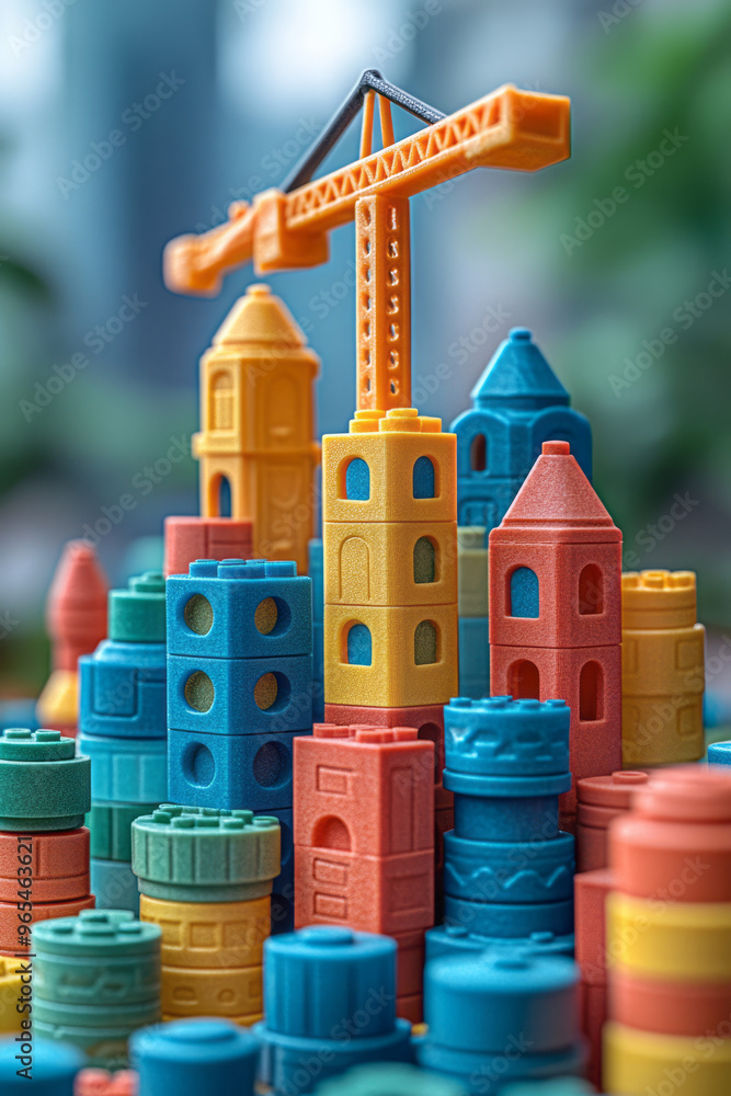 Poster a set of miniature construction cranes and building blocks in vibrant colors, creating a small city 