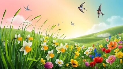 A peaceful meadow at sunrise, with dew-covered grass, colorful flowers, and birds soaring through the golden sky