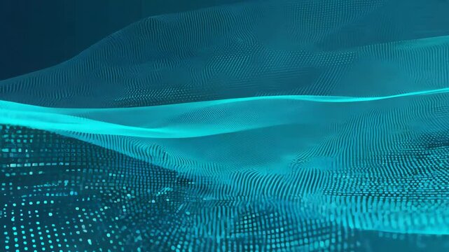Abstract blue digital 3d waves flowing in dark blue space with pixels. Floating electro magnetic signal simulation for tech corporative presentation or promo clip.