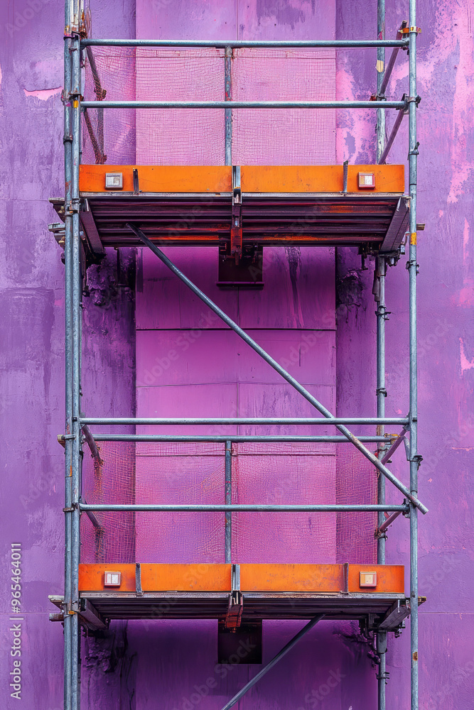 Poster an abstract composition of scaffolding with intersecting metal beams and bright orange safety nets, 