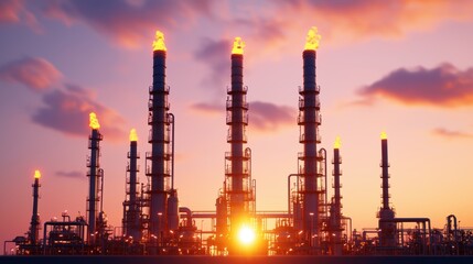 Obraz premium Industrial Dusk: Oil Refinery in with Copy Space, Selective Focus.
