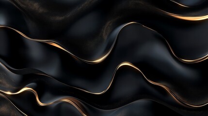 Obraz premium Smooth black backdrop with gentle golden waves, fluid lines forming a delicate, modern, abstract design, minimal and luxurious