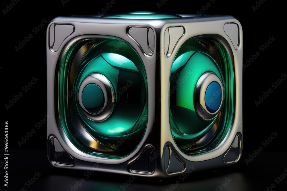 Poster abstract 3d geometric shape with metallic texture and green and blue color palette