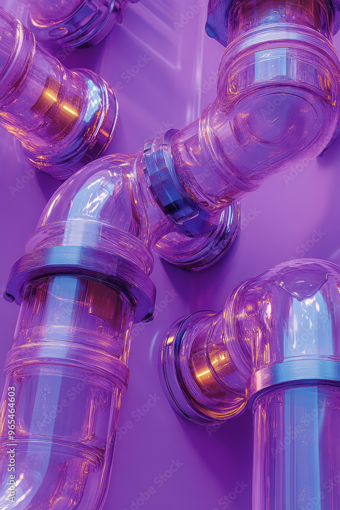 Poster a collection of pvc pipes and fittings arranged in a dynamic, interlocking pattern, isolated on a pa