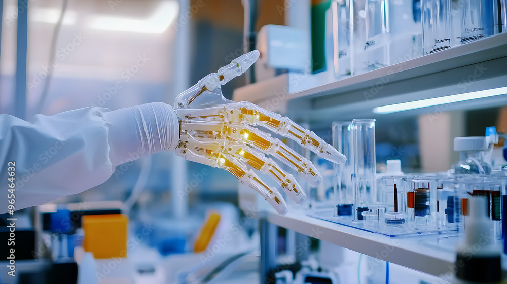 Poster artificial limb prototypes are being developed in a laboratory setting showcasing innovation and tec