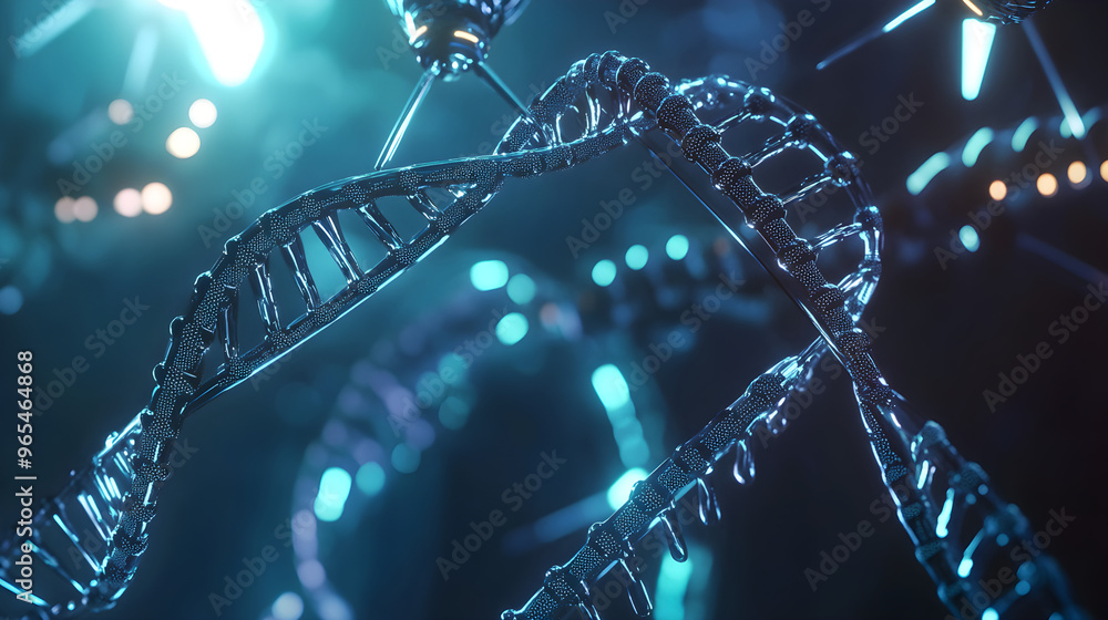 Aufkleber close-up of dna strands being manipulated with a futuristic and glowing effect creating a sense of a