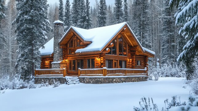A picturesque log cabin surrounded by a winter wonderland of snow-covered trees.