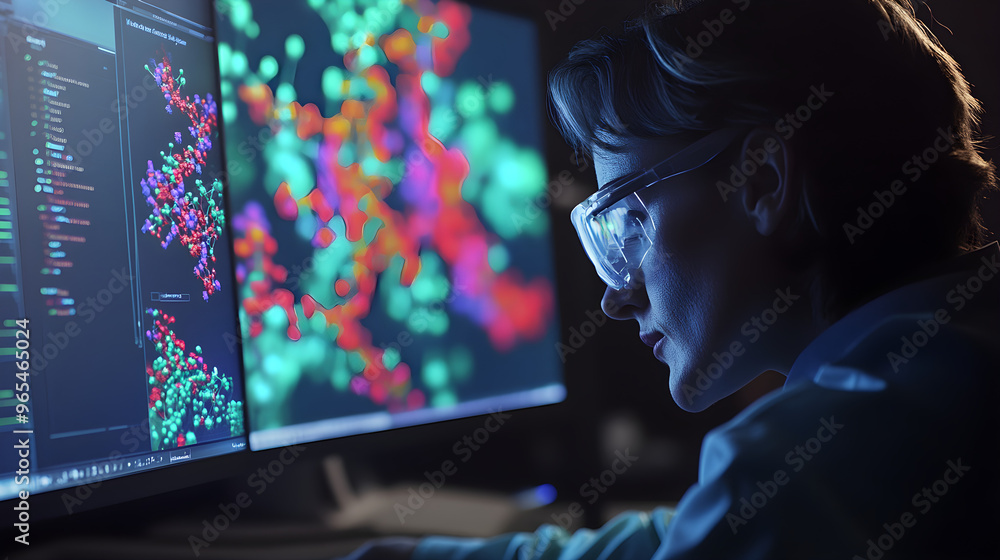 Aufkleber a scientist examines molecular structures on dual screens with colorful data visualizations, showcas