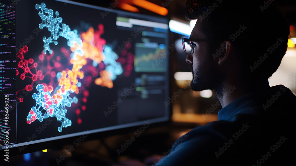 Poster a man observing a detailed digital visualization of molecular structures on a computer screen in a d