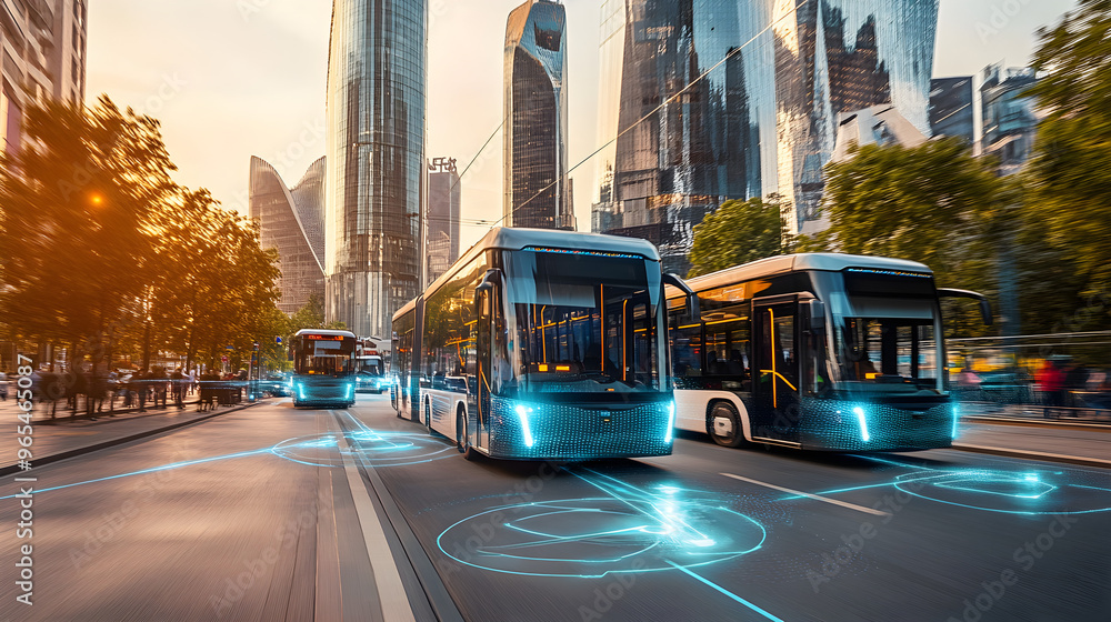 Poster a fleet of autonomous electric buses navigates through a futuristic cityscape with high-tech feature