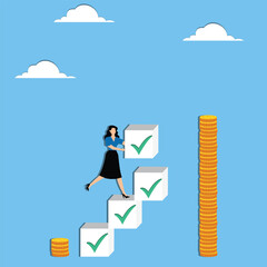 Salary increase due to completing multiple projects consistently, work accomplishment concept, Businesswoman building stair to reach higher coin stack using completed check boxes
