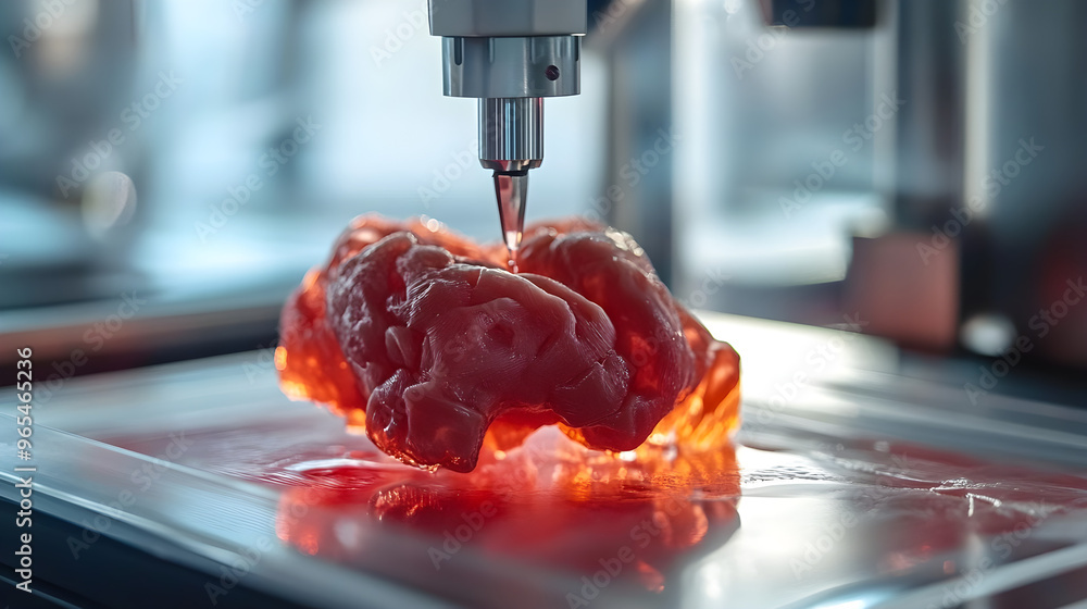 Poster the 3d bioprinting process demonstrates human organ printing, showcasing a high-tech machine deposit
