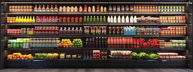 Supermarket display of fresh produce and beverages on neatly arranged shelves