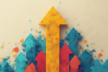 An abstract graphic of a single arrow pointing upward among a series of horizontal arrows, set against a pastel beige background,