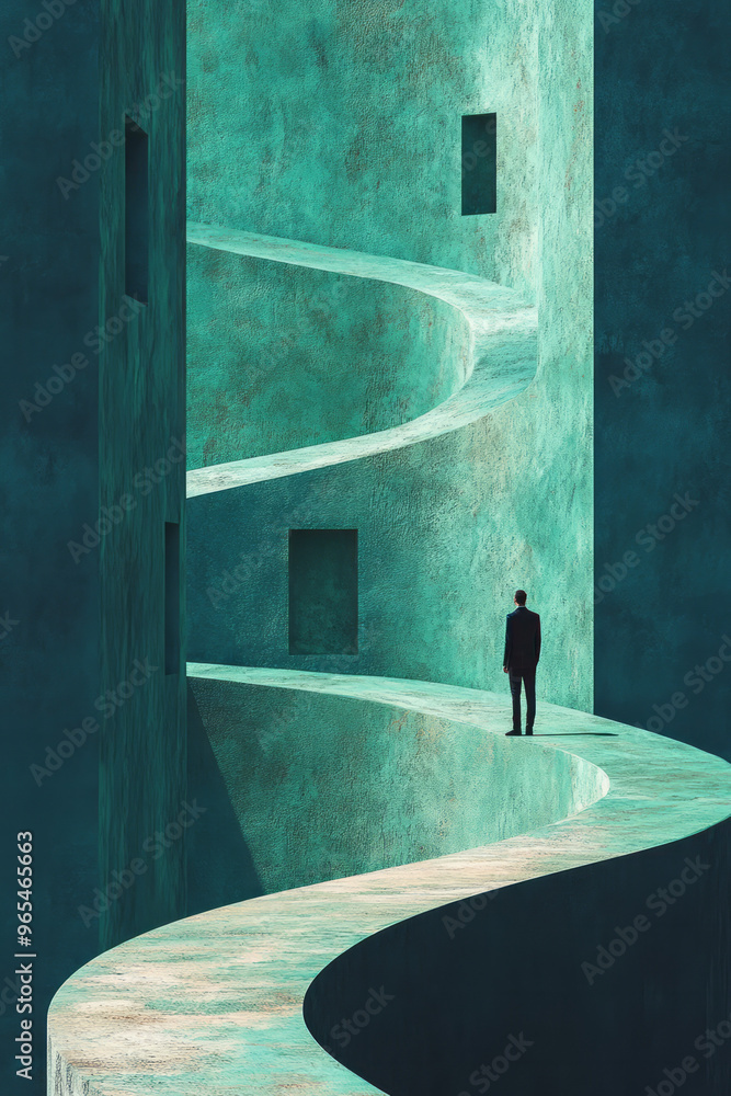Poster a graphic of a maze with one figure standing on a platform, pointing the way for others below, set a