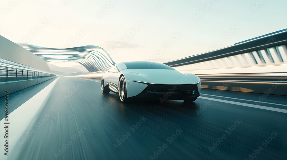 Aufkleber a sleek autonomous car driving smoothly on a futuristic road with dynamic lighting and modern archit