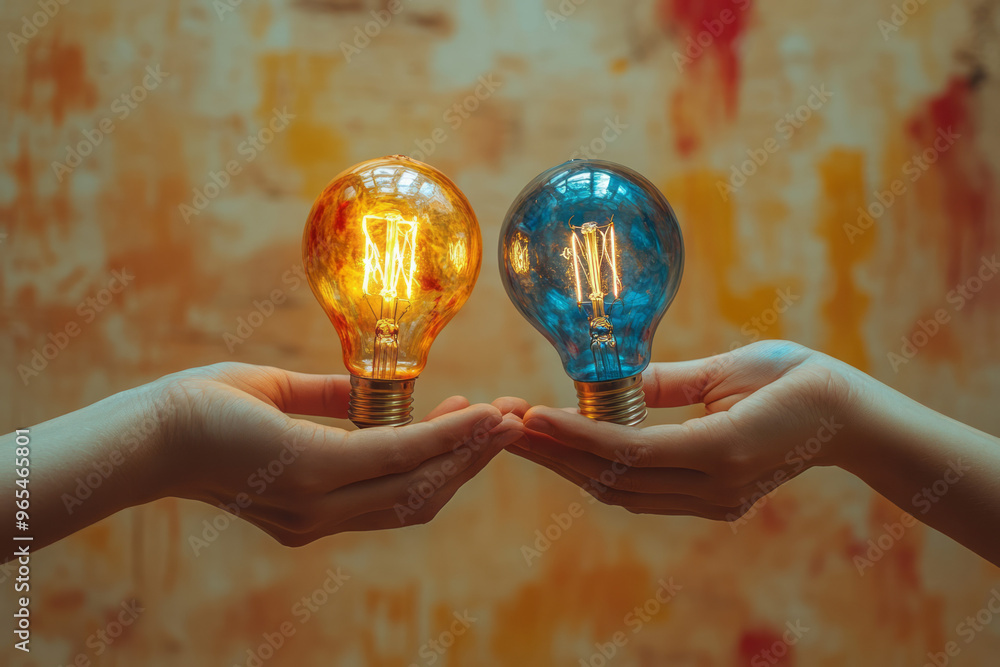 Poster an abstract representation of a light bulb being handed from one person to another, symbolizing the 