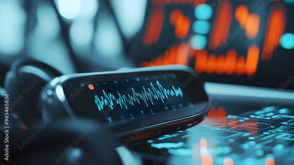 Poster wearable biotechnology devices monitoring health metrics with digital displays showcasing data trend