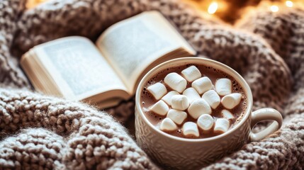 A cozy blanket, blurred a book, and a cup of hot chocolate with marshmallows