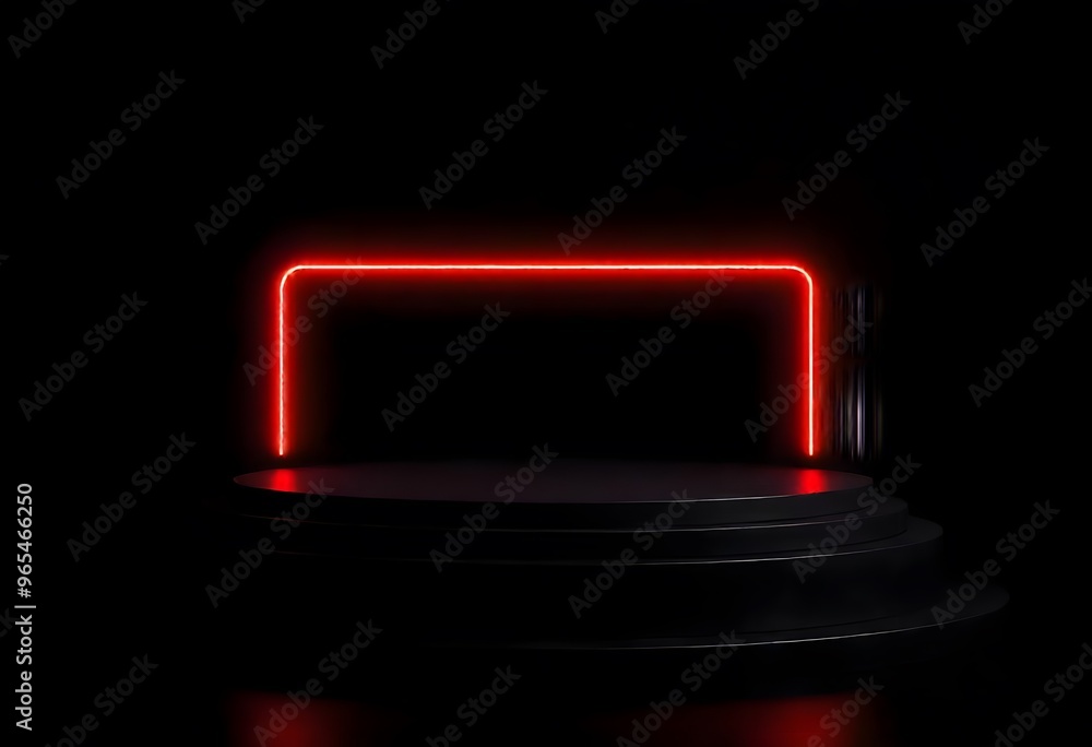 Poster minimalist scene with a dark background and a circular platform bathed in red light. glowing red led