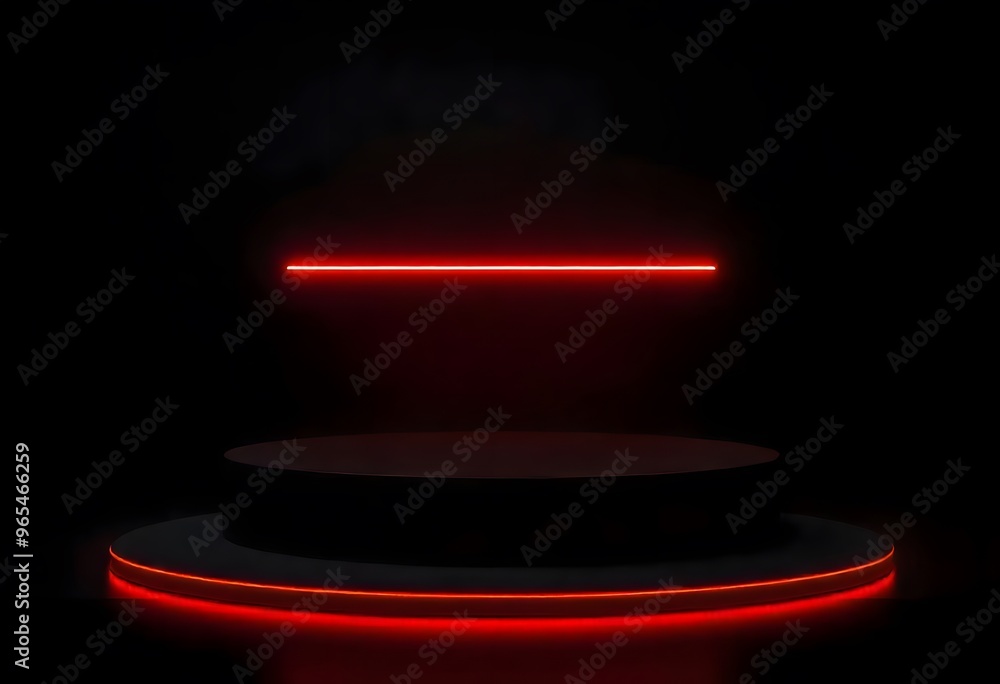 Poster minimalist scene with a dark background and a circular platform bathed in red light. glowing red led